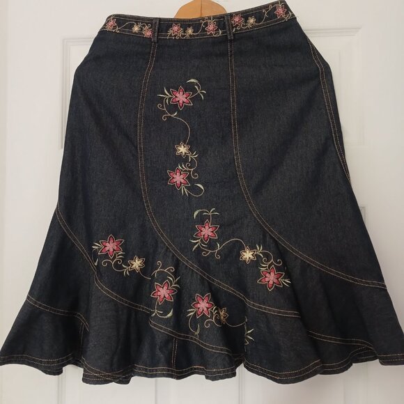 Marie Claire Floral Embroidered Trumpet Midi Denim Skirt - Picture 1 of 3